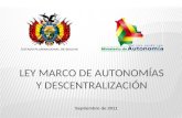 LEY MARCO DE AUTONOMÍAS Y DESCENTRALIZACIÓN Septiembre de 2011 ESTADO PLURINACIONAL DE BOLIVIA.