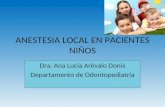 ANESTESIA LOCAL EN PACIENTES NIÑOS Dra. Ana Lucía Arévalo Donis Departamento de Odontopediatría.