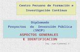 Centro Peruano de Formación e Investigación Continua Diplomado Proyectos de Inversión Pública (SNIP) ASPECTOS GENERALES E IDENTIFICACION Ing. Juan Carbonel.