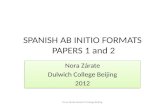 SPANISH AB INITIO FORMATS PAPERS 1 and 2 Nora Zárate Dulwich College Beijing 2012 Nora Zárate Dulwich College Beijing 2012 Nora Zarate-Dulwich College.