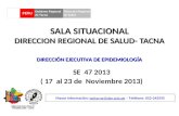 SALA SITUACIONAL DIRECCION REGIONAL DE SALUD- TACNA SE 47 2013 ( 17 al 23 de Noviembre 2013) Mayor información: epitacna@dge.gob.pe – Teléfono: 052-242595epitacna@dge.gob.pe.