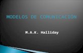 MODELOS DE COMUNICACIÓN M.A.K. Halliday. 1925-… U.K. Lingüista Padre de la lingüística sistémica funcional M.A.K. Halliday.