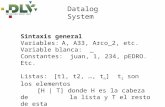Datalog System Sintaxis general Variables:A, A33, Arco_2, etc. Variable blanca: _ Constantes:juan, 1, 234, pEDRO. Etc. Listas:[t1, t2, …, t n ] t i son.