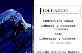 CONVENCIÓN ANUAL Laboral y Recursos Humanos ANIQ Liderazgo y valores 18 Agosto 2011 Mélida Quiñónes Madriz.