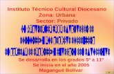 Instituto Técnico Cultural Diocesano Zona: Urbana Sector: Privado Se desarrolla en los grados 5º a 11º Se inicia en el año 2005 Magangué Bolívar.