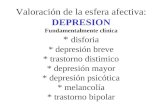 Valoración de la esfera afectiva: DEPRESION Fundamentalmente clínica * disforia * depresión breve * trastorno distimico * depresión mayor * depresión psicótica.