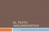EL TEXTO ARGUMENTATIVO Tema 11. Índice Rasgos Canales Estructura Tipos de argumentos Tipos de falacias Formas lingüísticas.