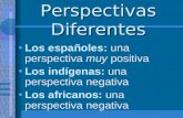 Perspectivas Diferentes Los españoles: una perspectiva muy positiva Los indígenas: una perspectiva negativa Los africanos: una perspectiva negativa.