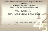VARIABLES-OPERACIONALIZACIÓN Mg. Yovanna Seclén Ubillús Universidad Nacional Mayor de San Marcos Unidad de Post Grado Maestría en Neurociencias.