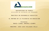 UNIVERSIDAD DE PUEBLA DIVISIÓN DE ESTUDIOS DE POSGRADO MAESTRIA EN DESARROLLO EDUCATIVO EL METODO DE LA FILOSOFIA EN EDUCACION Presenta. MARIA ISABEL.