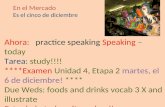 En el Mercado Es el cinco de diciembre Ahora: practice speaking Speaking –today Tarea: study!!!! ****Examen Unidad 4, Etapa 2 martes, el 6 de diciembre!