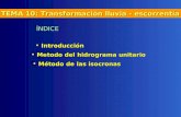 TEMA 10: Transformación lluvia - escorrentía ÍNDICE ntroducción Introducción Metodo del hidrograma unitario Metodo del hidrograma unitario Método de las.
