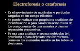 Electroforesis o cataforesis Es el movimiento de moléculas o partículas cargadas en un campo eléctricoEs el movimiento de moléculas o partículas cargadas.