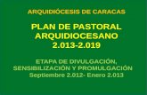 ARQUIDIÓCESIS DE CARACAS PLAN DE PASTORAL ARQUIDIOCESANO 2.013-2.019 ETAPA DE DIVULGACIÓN, SENSIBILIZACIÓN Y PROMULGACIÓN Septiembre 2.012- Enero 2.013.