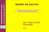 UNIVERSIDAD NACIONAL DEL SANTA EAP Ing. De Sistemas e Informática BASES DE DATOS Ing. Hugo Caselli Gismondi INTRODUCCION INTRODUCCION 2010.