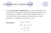 Expresiones Algebraicas Una expresión algebraica es una expresión en la que se relacionan valores indeterminados con constantes y cifras, todas ellas ligadas.