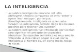 La palabra inteligencia proviene del latín intellegere, término compuesto de inter 'entre' y legere 'leer, escoger', por lo que, etimológicamente, inteligente.