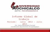 Informe Global de trabajo Período : Julio 2012 – Julio 2013 Psic. Yadira Mendizabal Preciado Coordinación departamento Psicopedagógico.