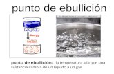 Punto de ebullición punto de ebullición: la temperatura a la que una sustancia cambia de un líquido a un gas The BOILING POINT of pure water is 100° Celsius.