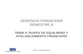Profesor: José Alberto Martínez GERENCIA FINANCIERA SEMESTRE 9 TEMA II: PUNTO DE EQUILIBRIO Y APALANCAMIENTO FINANCIERO.