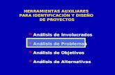 HERRAMIENTAS AUXILIARES PARA IDENTIFICACIÓN Y DISEÑO DE PROYECTOS Análisis de Involucrados Análisis de Problemas Análisis de Objetivos Análisis de Alternativas.
