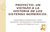 PROYECTO: UN VISTAZO A LA HISTORIA DE LOS SISTEMAS NUMERICOS. JUAN PABLO RODRIGUEZ CARO DOCENTE TECNOLOGIA E INFORMATICA jpablorc912@gmail.com.