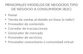 PRINCIPALES MODELOS DE NEGOCIOS TIPO DE NEGOCIO A CONSUMIDOR (B2C) Portal Tienda de ventas al detalle en línea (e-tailer) Proveedor de contenido Corredor.