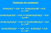 Titulación de complejos [Cu(H 2 O) 4 ] 3+ + H 3 N [Cu(H 2 O) 3 H 3 N] 2+ + H 2 O k 1 = 10 4,1 [Cu(H 2 O) 3 (H 3 N)] 2+ + H 3 N [Cu(H 2 O) 2 (H 3 N) 2 ]