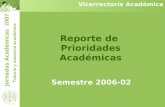 Jornadas Académicas 2007 Tutoría y asesoría académica Vicerrectoría Académica Semestre 2006-02 Reporte de Prioridades Académicas.