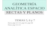 GEOMETRÍA ANALÍTICA ESPACIO RECTAS Y PLANOS TEMAS 5, 6 y 7 Recta: pág 112-113, pág 141, pág 168 Plano: pág 114-115.