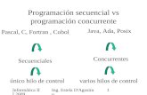 Informática III 2009 Ing. Estela D'Agostino 1 Programación secuencial vs programación concurrente Pascal, C, Fortran, Cobol Secuenciales único hilo de.