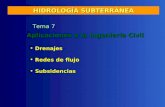 Aplicaciones a la Ingeniería Civil Drenajes Drenajes Redes de flujo Redes de flujo Subsidencias Subsidencias Tema 7 HIDROLOGÍA SUBTERRÁNEA.