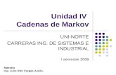 Unidad IV Cadenas de Markov UNI-NORTE CARRERAS ING. DE SISTEMAS E INDUSTRIAL I semestre 2008 Maestro Ing. Julio Rito Vargas Avilés.