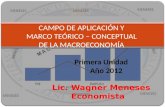 CAMPO DE APLICACIÓN Y MARCO TEÓRICO – CONCEPTUAL DE LA MACROECONOMÍA Primera Unidad Año 2012 Lic. Wagner Meneses Economista.