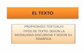 EL TEXTO - gemaolivareschacon.files.wordpress.com · EL TEXTO -PROPIEDADES TEXTUALES -TIPOS DE TEXTO: SEGÚN LA MODALIDAD DISCURSIVA Y SEGÚN SU TEMÁTICA . DEFINICIÓN DE TEXTO ...
