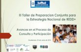 III Taller de Preparacion Conjunta para la …III Taller de Preparacion Conjunta para la Estreategia Nacional de REDD+ Avances en el Proceso de Consulta y Participación Guatemala,